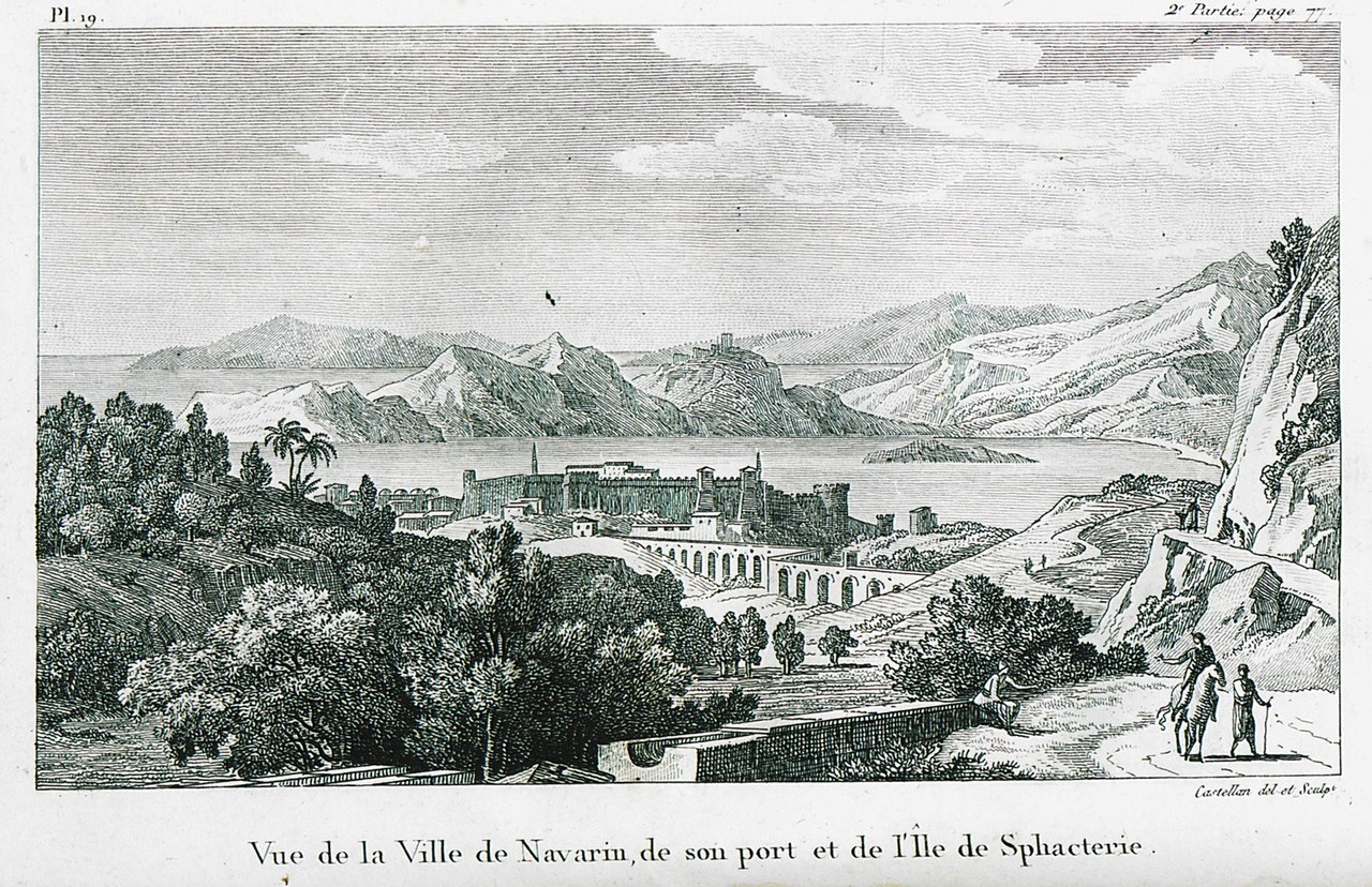 Vue de la ville de Navarin de son port et de lle de Sphacterie Castellan Antoine laurent 1808