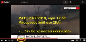 Ευ. Μπουρνούς (23/7/2018 ώρα 17:59 στον ΣΚΑΪ): Δεν θα χρειαστεί εκκένωση... Δ. Λιότσος: Όλα τα δεδομένα προϋπήρχαν πριν από τις 17.30.... Η φωτιά πήγαινε προς τα σπίτια